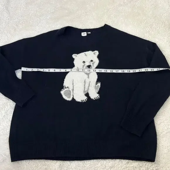 GAP Womens Navy Crew Neck Polar Bear Crew Sweater Sz M Preppy Teacher Casual - Picture 2 of 5